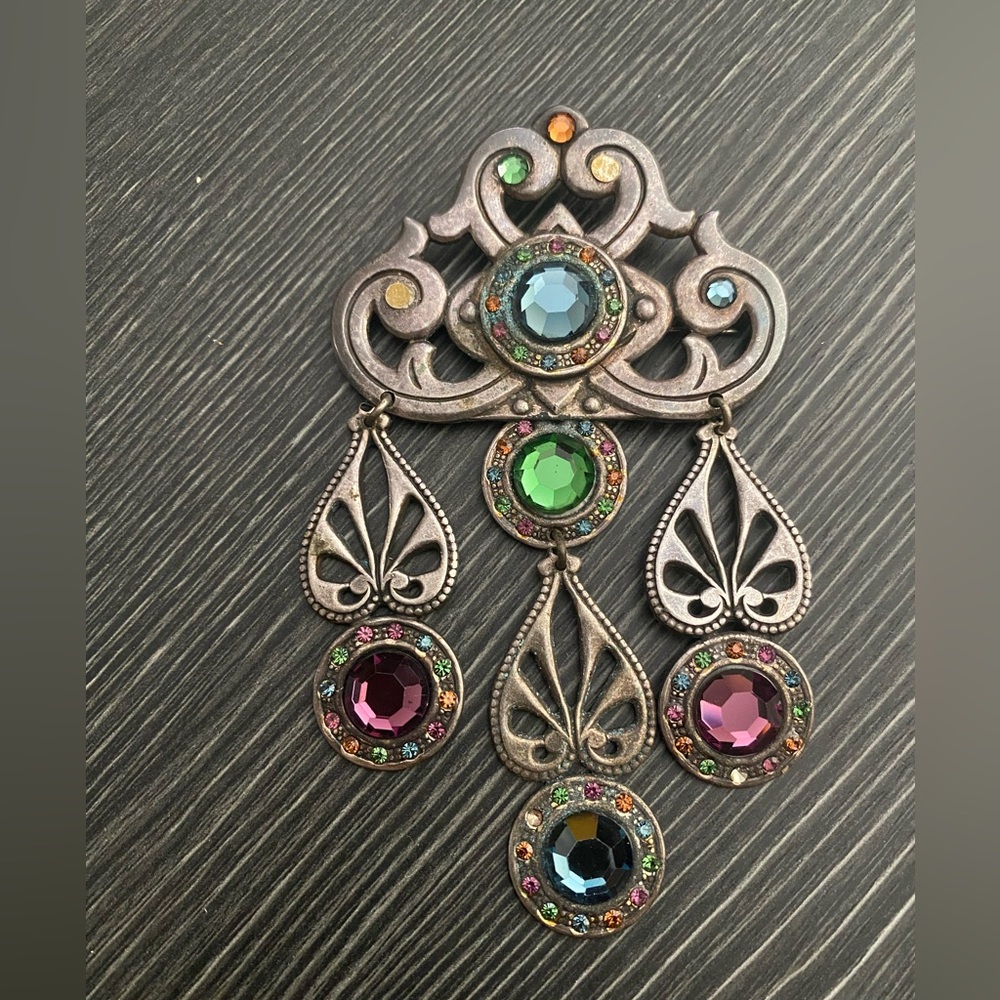 Multicolored Rhinestone Filigree vintage big brooch missing 2 stones